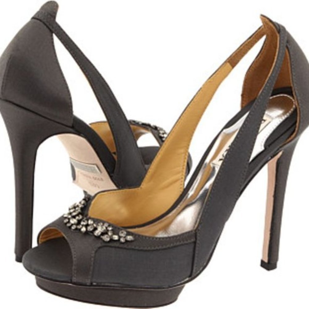 Badgley Mischka Dark Gray Satin Platform Peep Toe Pumps